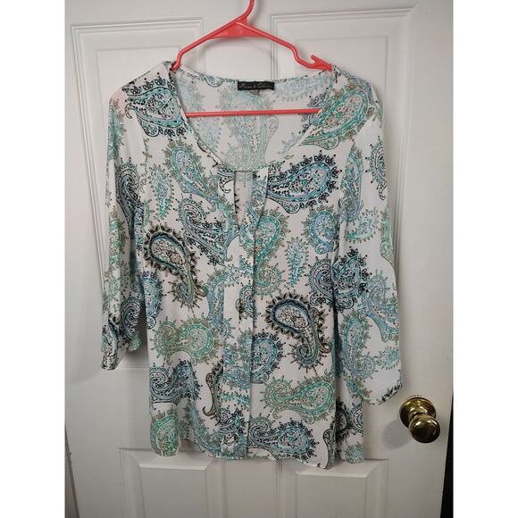 Rose&Olive Woman 1X Blouse Keyhole V Neck White Paisley Pullover 3/4 Sleeve... - Picture 1 of 9